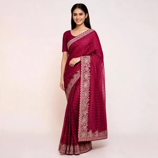 Rich_Maroon_Tissue_Shimmer_Chiffon_Saree_For_Women