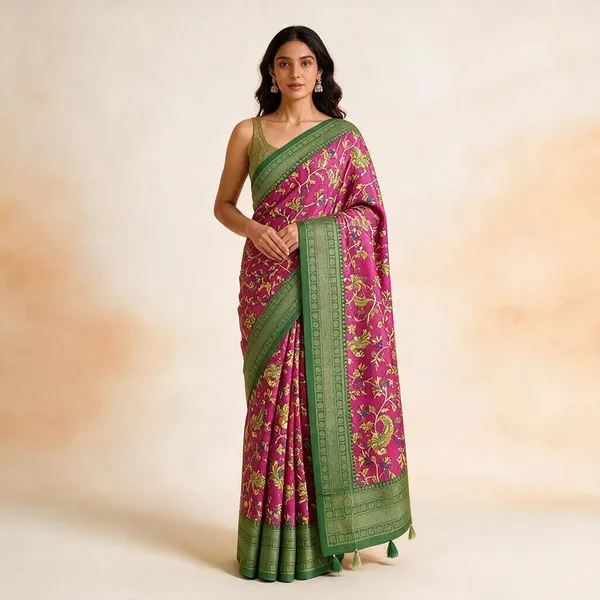 Cerise_Pink_Soft_Silk_Kalamkari_Digital_Print_Saree_For_Women