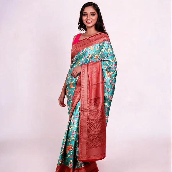 Hippie_Blue_Silk_Kalamkari_Digital_Saree_For_Women