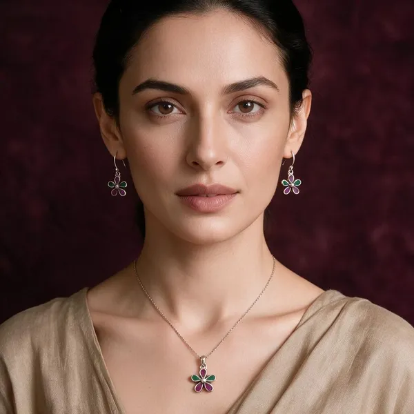 Multicolour_Floral_Pendant_And_Earrings_Set_For_Women