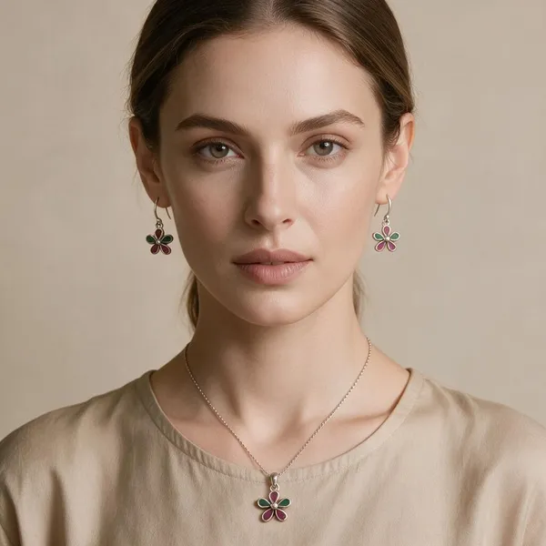 Multicolour_Floral_Pendant_And_Earrings_Set_For_Women