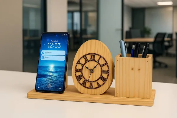 Wood_Table_Clock_Mobile_And_Pen_Holder_Combo