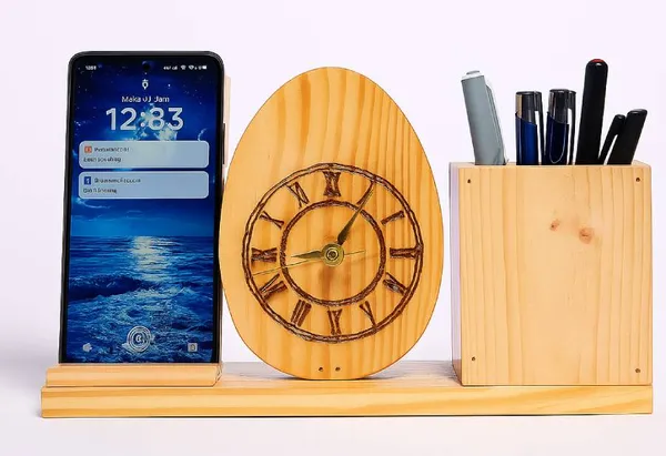 Wood_Table_Clock_Mobile_And_Pen_Holder_Combo