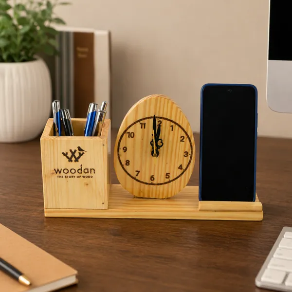 Wood_Table_Clock_Mobile_And_Pen_Holder_Combo