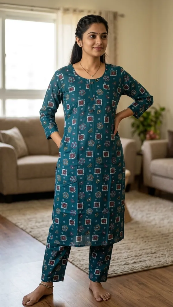 Teal_Rayon_Straight_Printed_Kurta_Set_For_Women