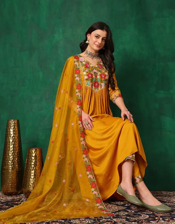 Mustard_Silk_Anarkali_Embroidered_Kurta_Set_For_Women