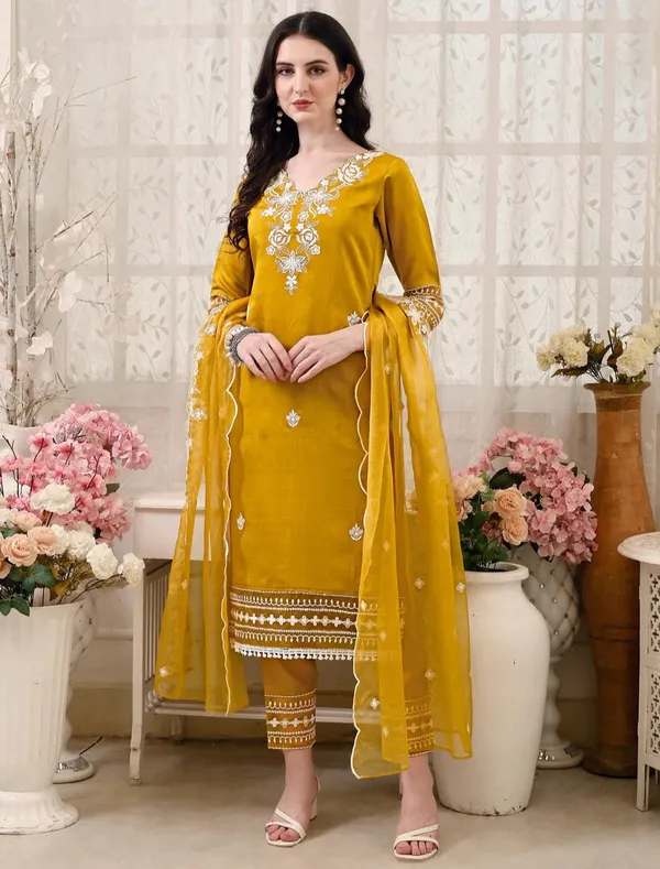 Mustard_Chanderi_Straight_Embroidered_Kurta_Set_For_Women