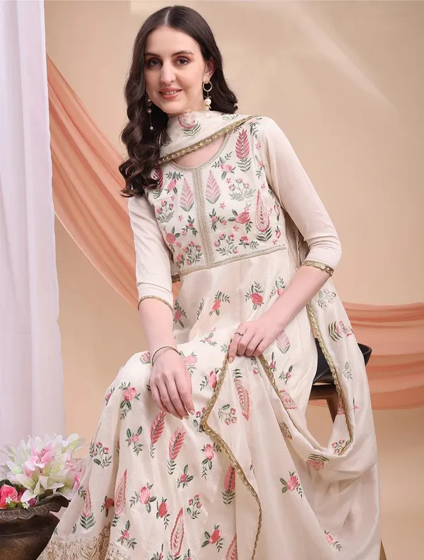 Cream_Silk_Anarkali_Printed_Kurta_Set_For_Women