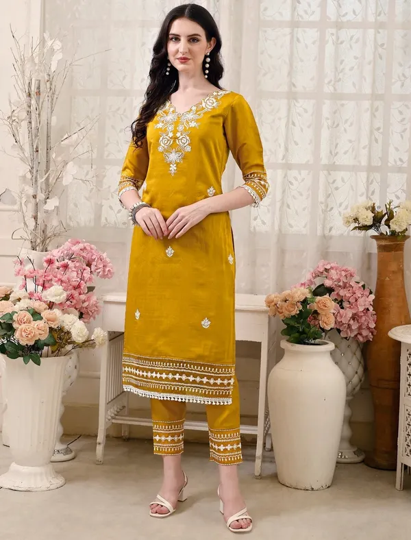 Mustard_Chanderi_Straight_Embroidered_Kurta_Set_For_Women