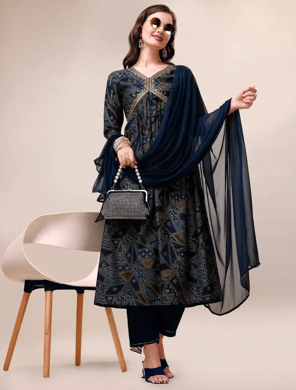 Navy_Blue_Chanderi_Straight_Printed_Kurta_Set_For_Women
