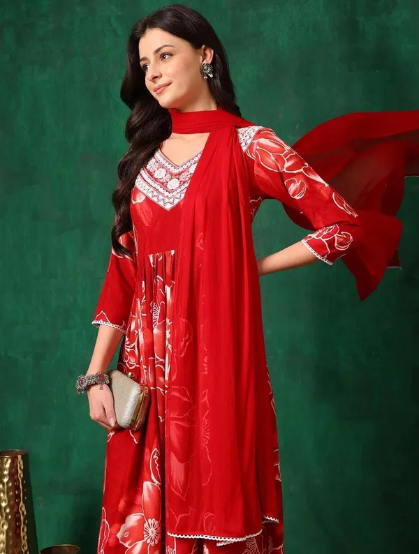 Red_Rayon_Anarkali_Printed_Kurta_Set_For_Women