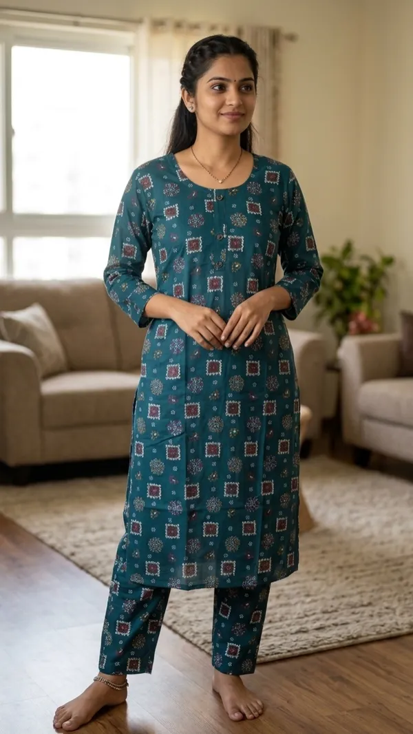 Teal_Rayon_Straight_Printed_Kurta_Set_For_Women