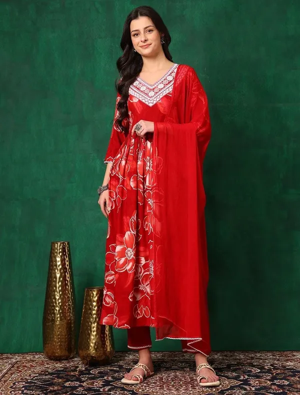 Red_Rayon_Anarkali_Printed_Kurta_Set_For_Women