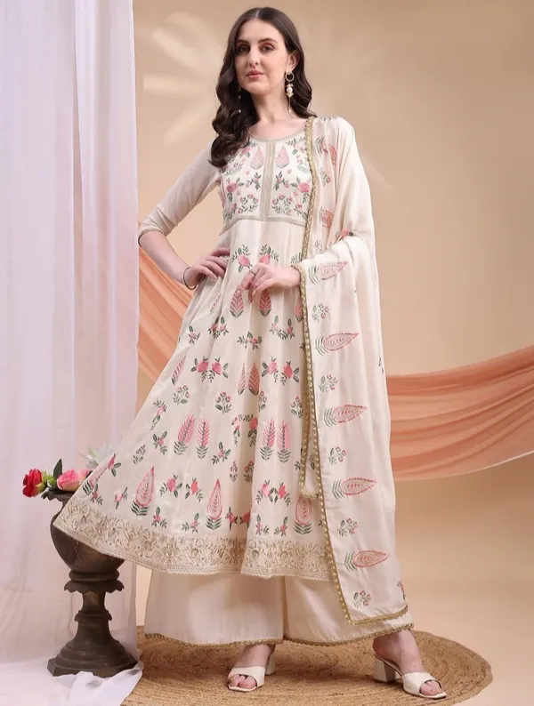 Cream_Silk_Anarkali_Printed_Kurta_Set_For_Women