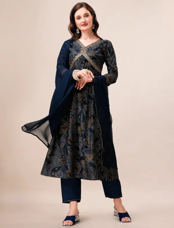 Navy_Blue_Chanderi_Straight_Printed_Kurta_Set_For_Women