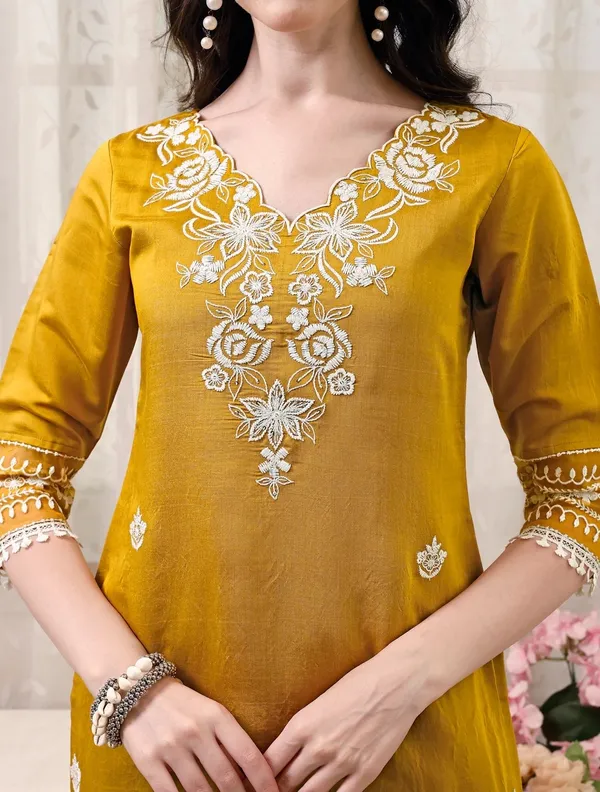 Mustard_Chanderi_Straight_Embroidered_Kurta_Set_For_Women