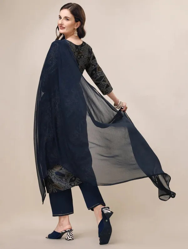 Navy_Blue_Chanderi_Straight_Printed_Kurta_Set_For_Women