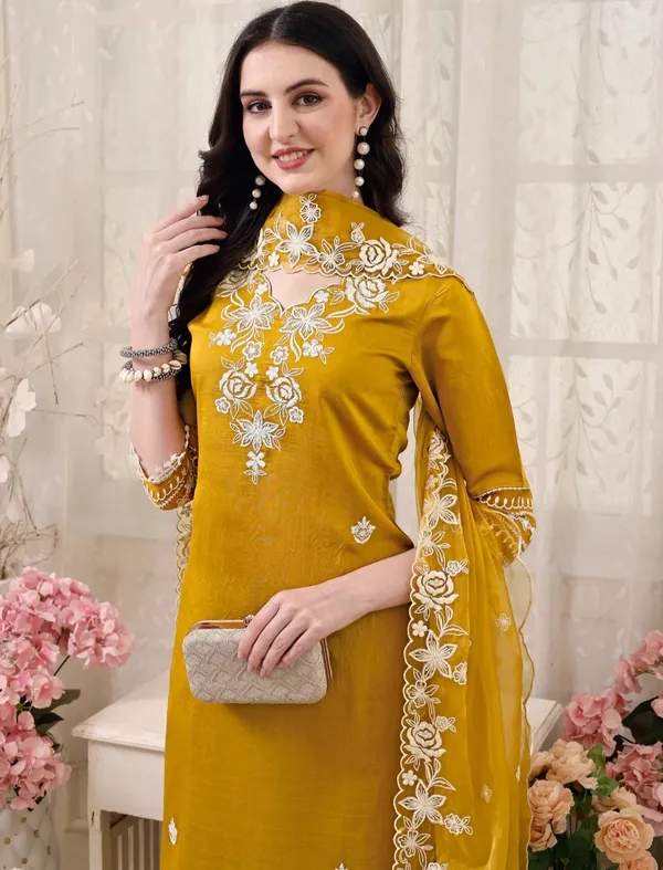 Mustard_Chanderi_Straight_Embroidered_Kurta_Set_For_Women