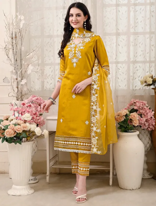 Mustard_Chanderi_Straight_Embroidered_Kurta_Set_For_Women