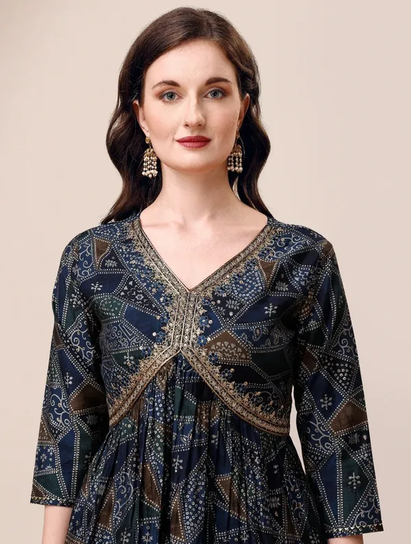 Navy_Blue_Chanderi_Straight_Printed_Kurta_Set_For_Women