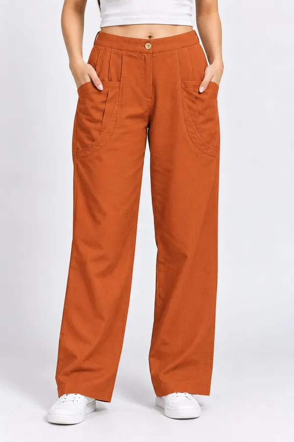 Orange_Cotton_Flex_Wide_Leg_Utility_Pants_For_Women