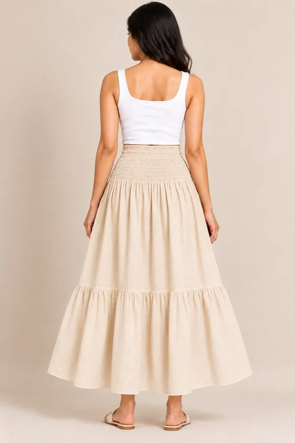 Beige_Cotton_Flex_Smocked_Tiered_Maxi_Skirt_For_Women