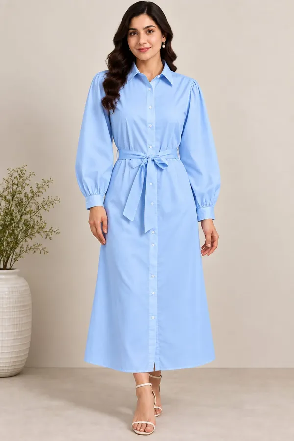 Blue_Cotton_Flex_Shirt_Style_Tie_Waist_Midi_Dress_For_Women
