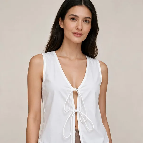 White_Cotton_Flex_Relaxed_Tie_Front_Sleeveless_Top_For_Women