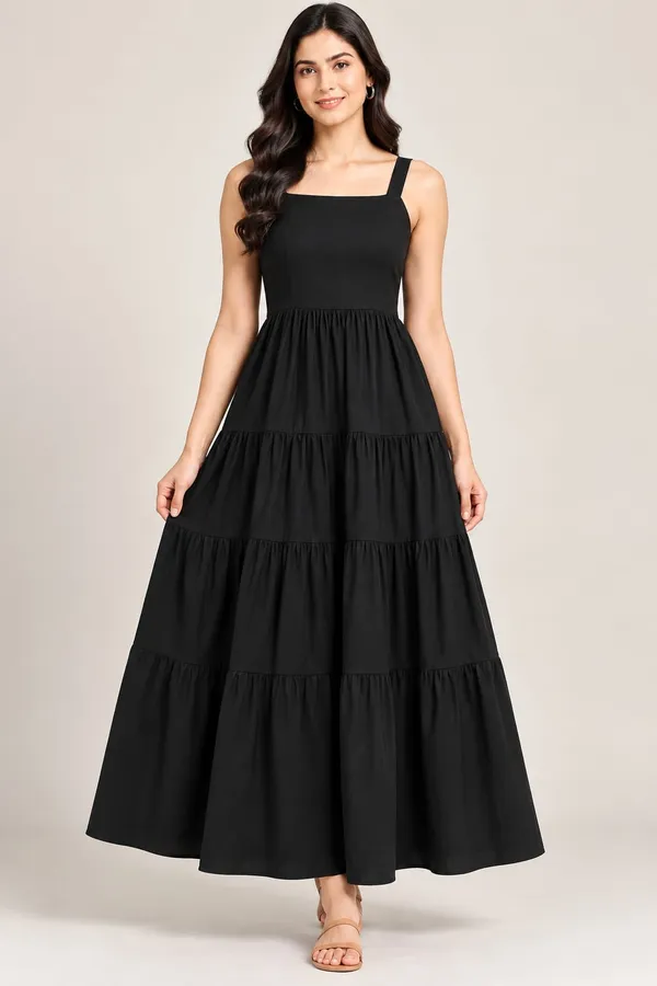 Black_Cotton_Flex_Tiered_Maxi_Dress_For_Women