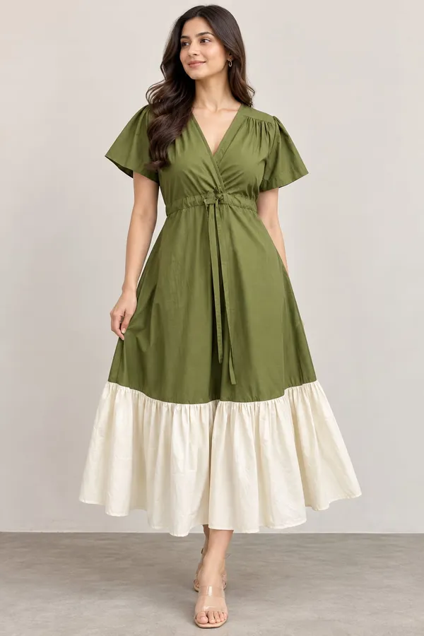 Olive_Green_Cotton_Flex_Flutter_Sleeve_Flared_Midi_Dress_For_Women