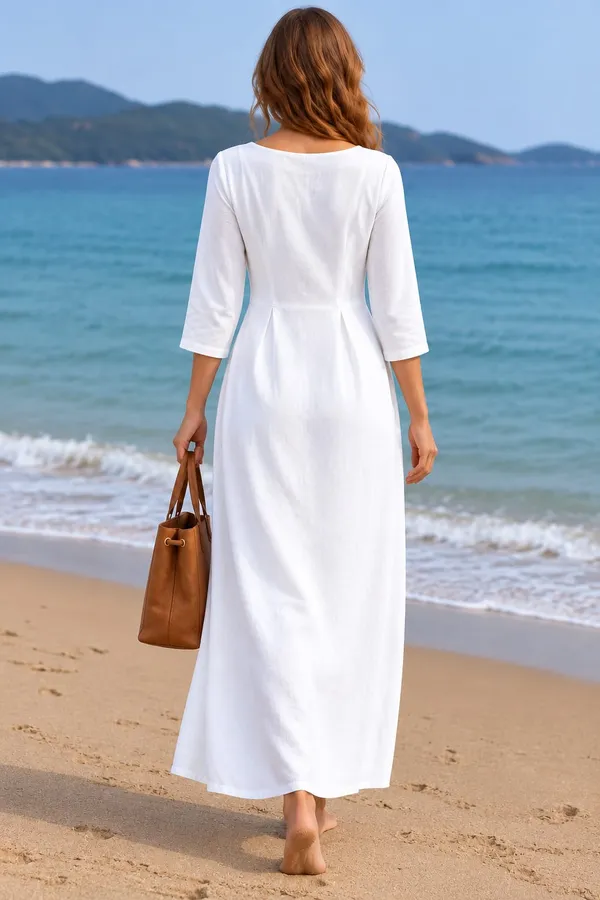 White_Cotton_Flex_A-Line_3/4_Sleeve_Maxi_Dress_For_Women