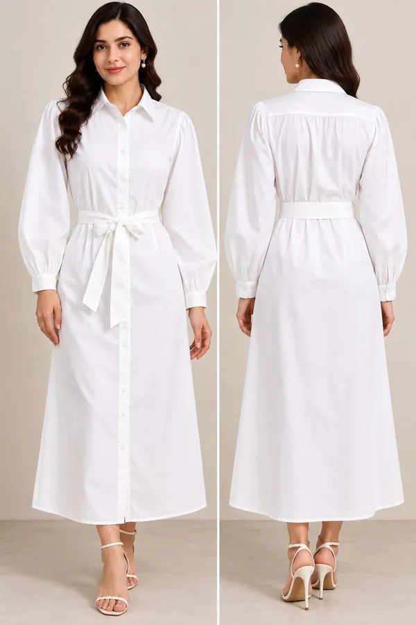White_Cotton_Flex_Shirt_Style_Tie_Waist_Midi_Dress_For_Women