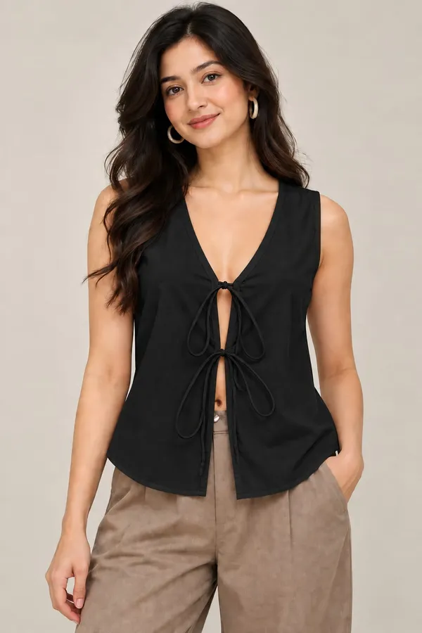 Black_Cotton_Flex_Tie-Front_Sleeveless_Top_For_Women