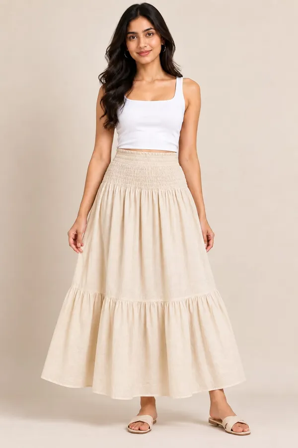 Beige_Cotton_Flex_Smocked_Tiered_Maxi_Skirt_For_Women