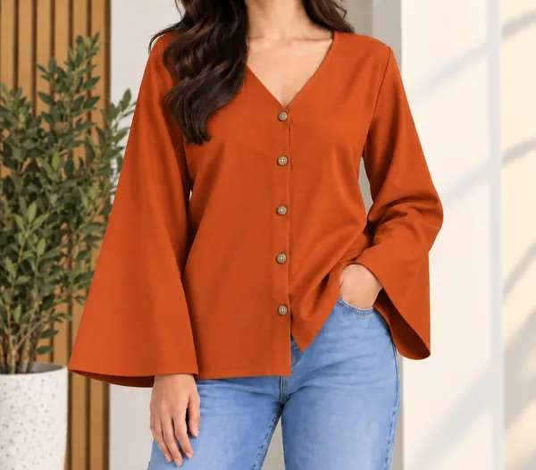 Orange_Rust_Cotton_Flex_Relaxed_Flared_Sleeve_Top_For_Women