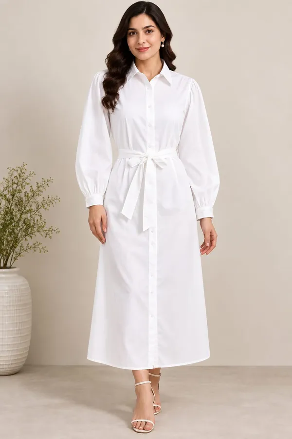 White_Cotton_Flex_Shirt_Style_Tie_Waist_Midi_Dress_For_Women