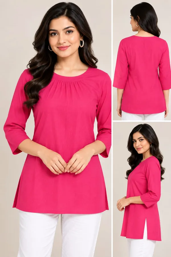 Pink_Cotton_Flex_Gathered_Round_Neck_3/4_Sleeve_Kurta_For_Women