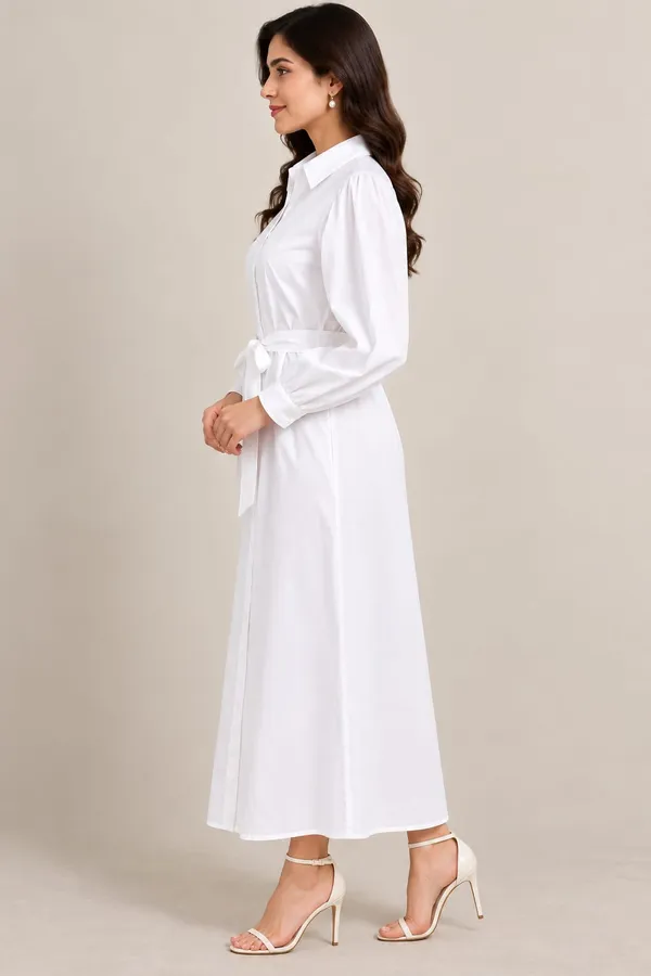 White_Cotton_Flex_Shirt_Style_Tie_Waist_Midi_Dress_For_Women
