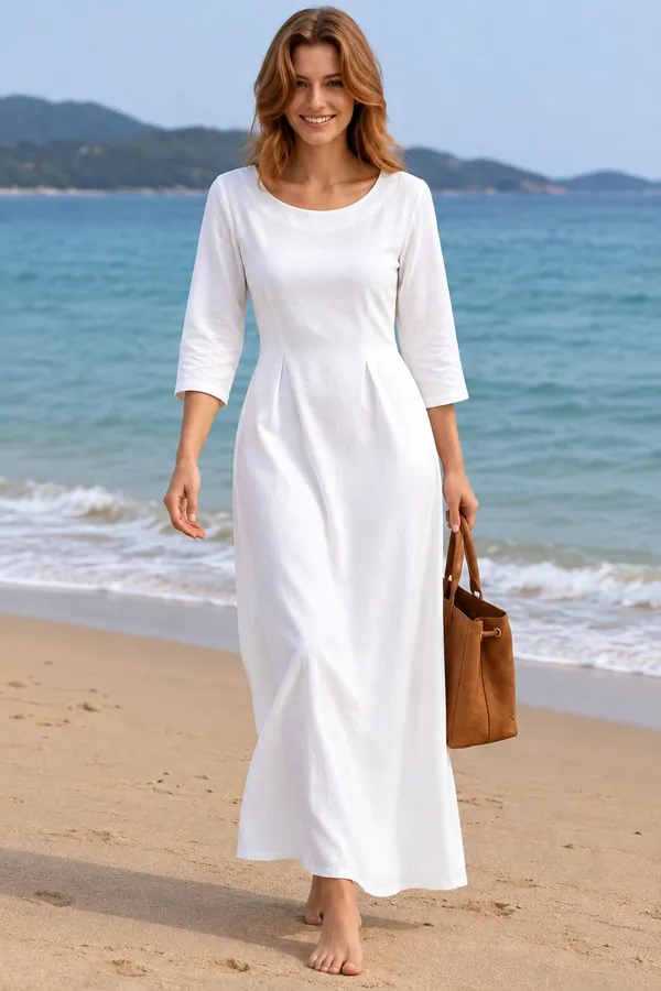White_Cotton_Flex_A-Line_3/4_Sleeve_Maxi_Dress_For_Women