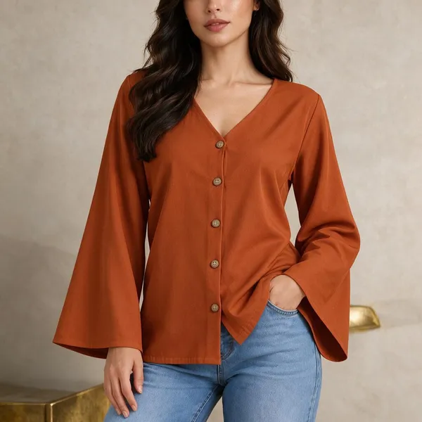Orange_Rust_Cotton_Flex_Relaxed_Flared_Sleeve_Top_For_Women