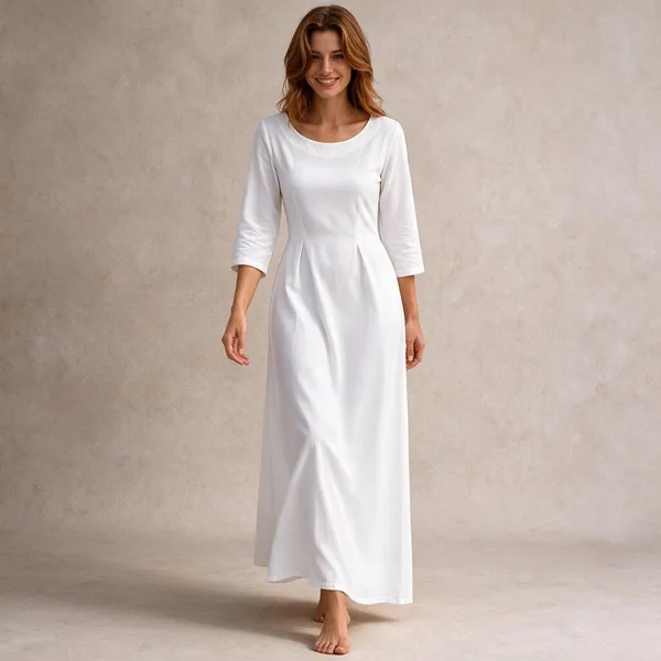 White_Cotton_Flex_A-Line_3/4_Sleeve_Maxi_Dress_For_Women