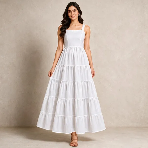White_Cotton_Flex_Sleeveless_Tiered_Maxi_Dress_For_Women