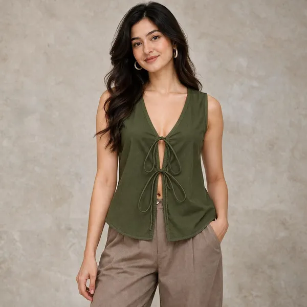 Beige_And_Olive_Cotton_Flex_Sleeveless_Tie_Front_Top_For_Women_Pack_Of_2