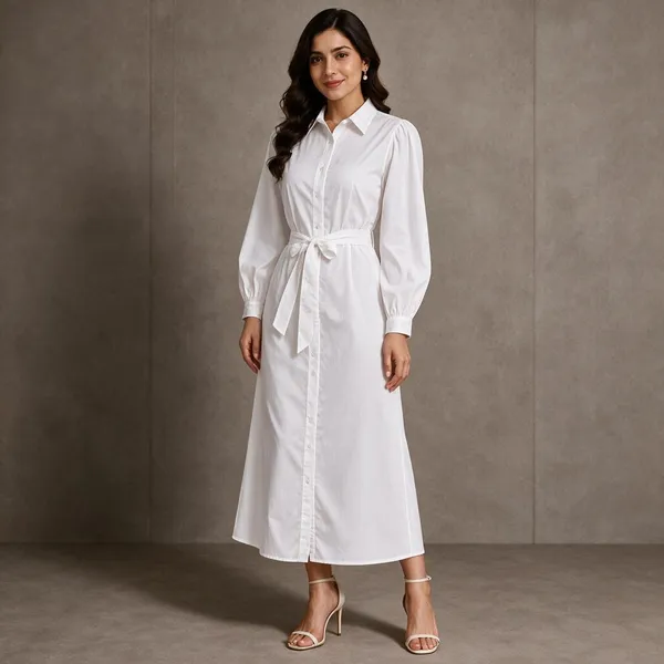 White_Cotton_Flex_Shirt_Style_Tie_Waist_Midi_Dress_For_Women