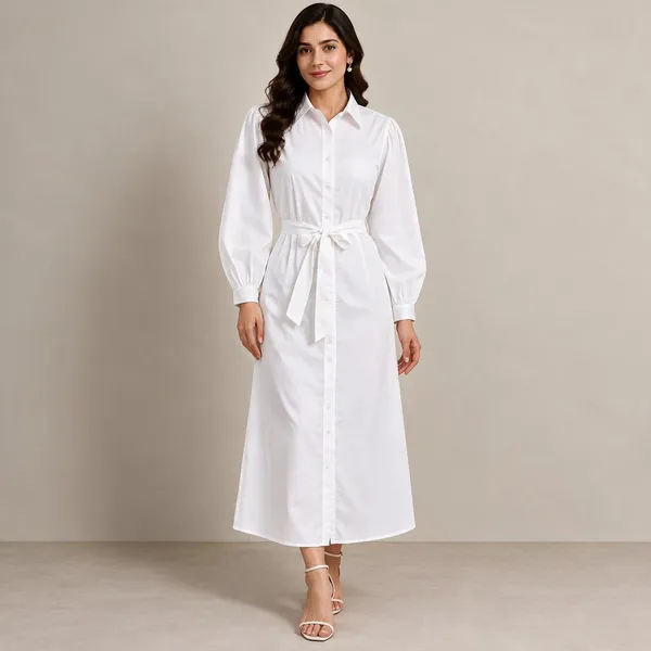 White_Cotton_Flex_Shirt_Style_Tie_Waist_Midi_Dress_For_Women
