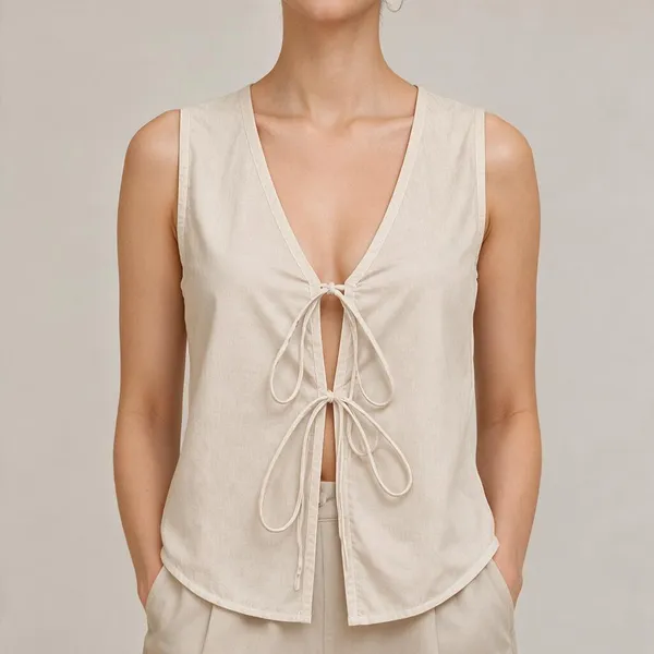 Beige_And_Olive_Cotton_Flex_Sleeveless_Tie_Front_Top_For_Women_Pack_Of_2
