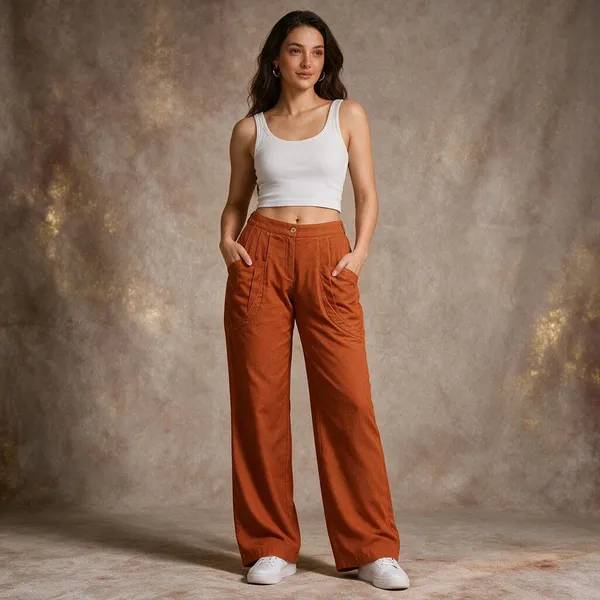 Orange_Cotton_Flex_Wide_Leg_Utility_Pants_For_Women