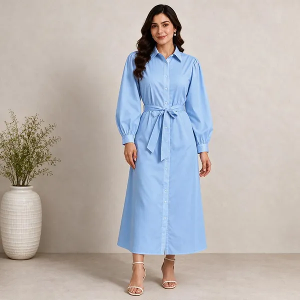 Blue_Cotton_Flex_Shirt_Style_Tie_Waist_Midi_Dress_For_Women