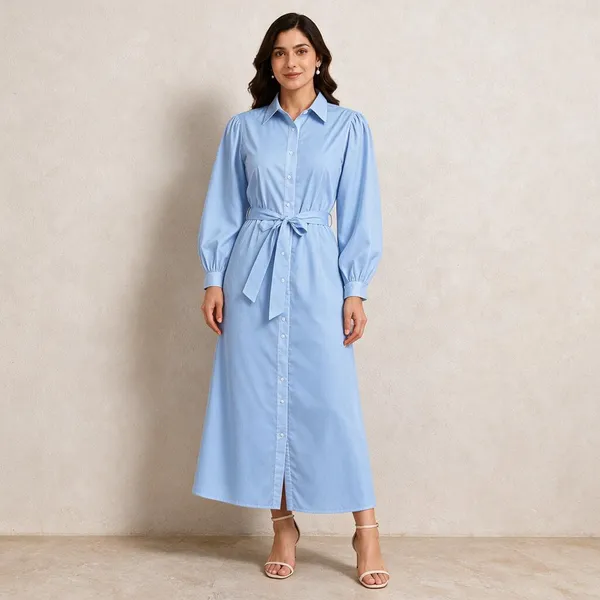 Blue_Cotton_Flex_Shirt_Style_Tie_Waist_Midi_Dress_For_Women