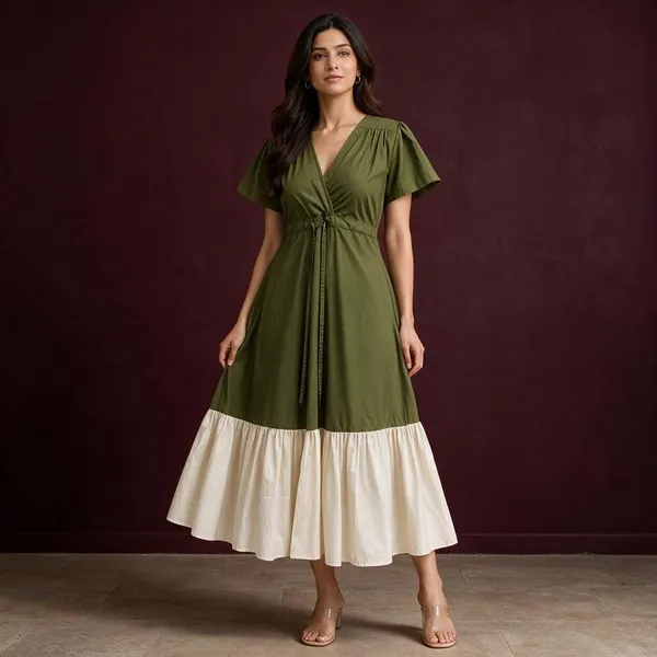 Olive_Green_Cotton_Flex_Flutter_Sleeve_Flared_Midi_Dress_For_Women